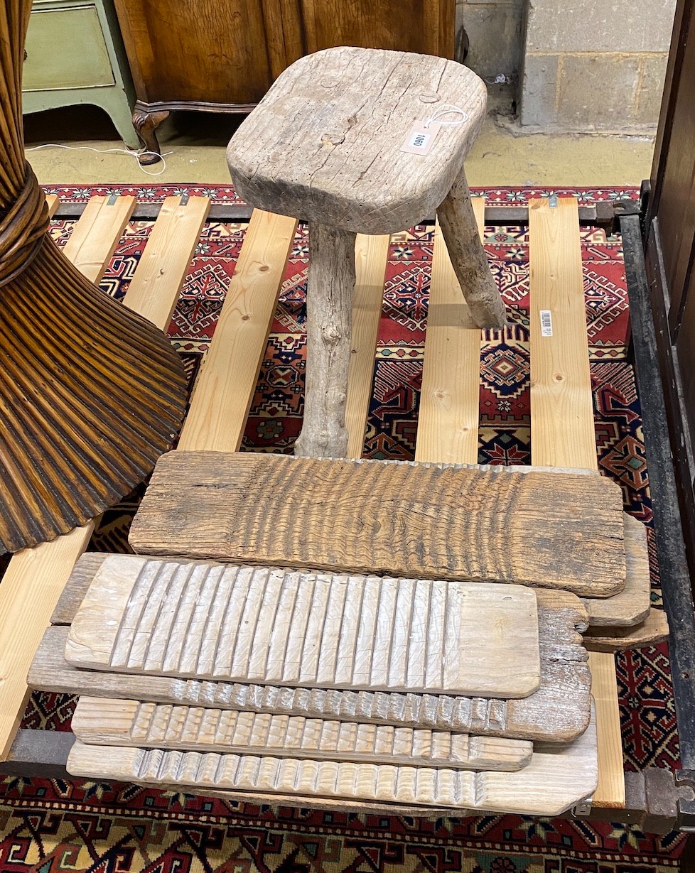 Eight Provincial wooden washboards, breadboard and a stool
